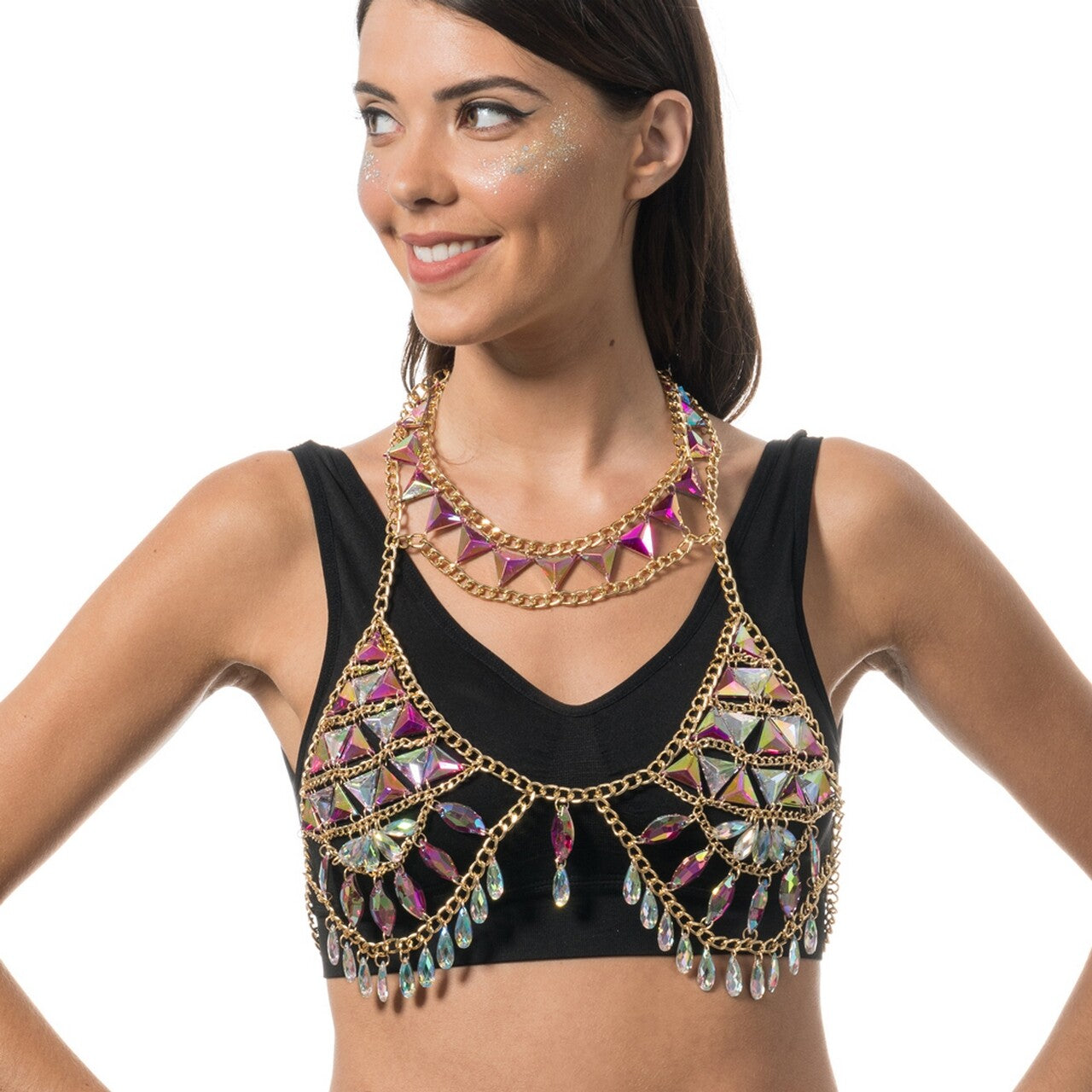 Op deze afbeelding zie je een Kostuums, van het merk Chaks. Roze Diamanten Festival Bikini Top Vrouw