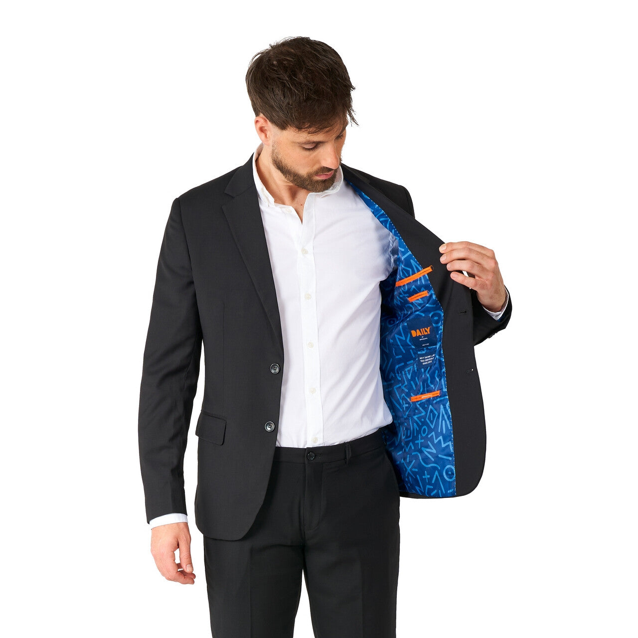 Op deze afbeelding zie je een Kostuums, van het merk Opposuits. Strak In Een Zwart Net Pak Man