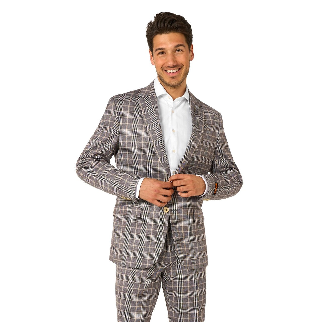 Op deze afbeelding zie je een Kostuums, van het merk Opposuits. Daily Checked Tan Man Kostuum