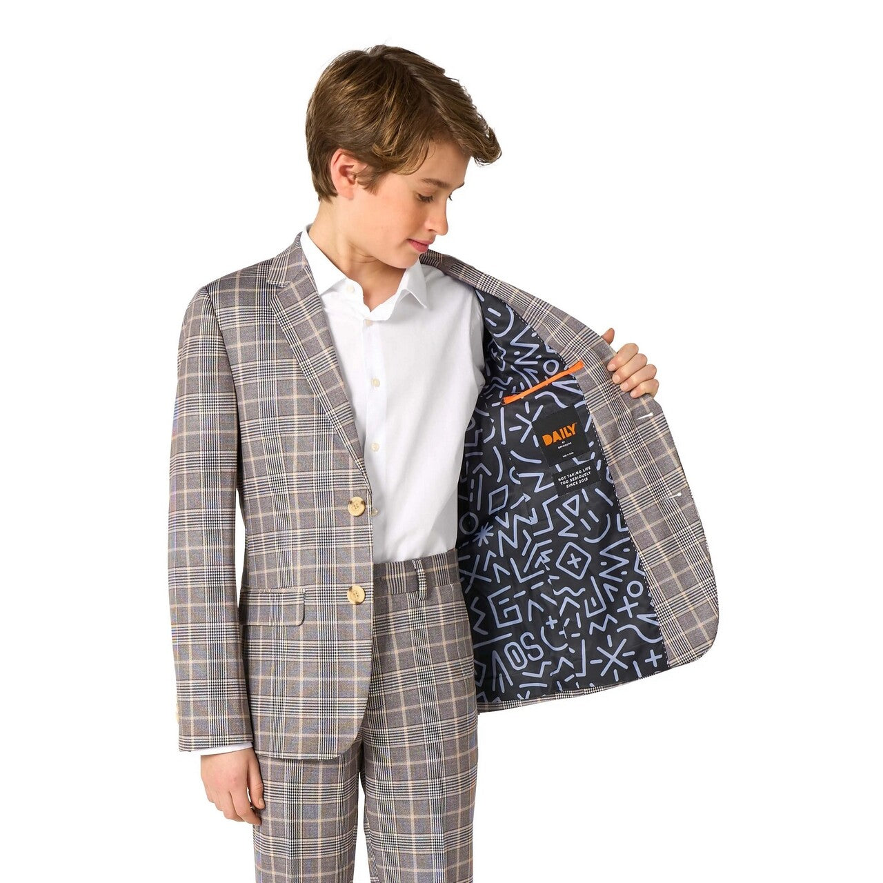 Op deze afbeelding zie je een Kostuums, van het merk Opposuits. Daily Checked Tan Tiener Jongen Kostuum