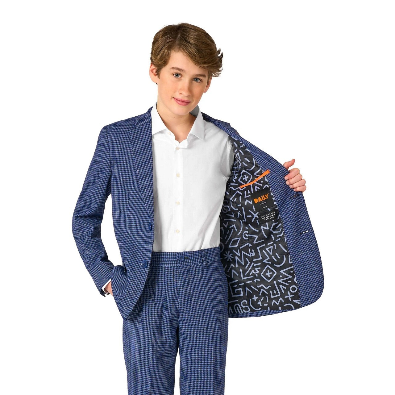 Op deze afbeelding zie je een Kostuums, van het merk Opposuits. Daily Checked Navy Jongen Kostuum
