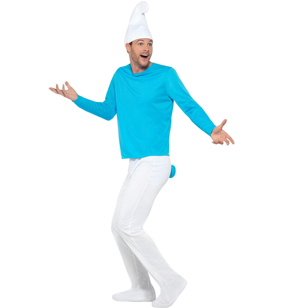 Op deze afbeelding zie je een Kostuums, van het merk Funidelia. Vrolijke Blauwe Smurf Man Kostuum
