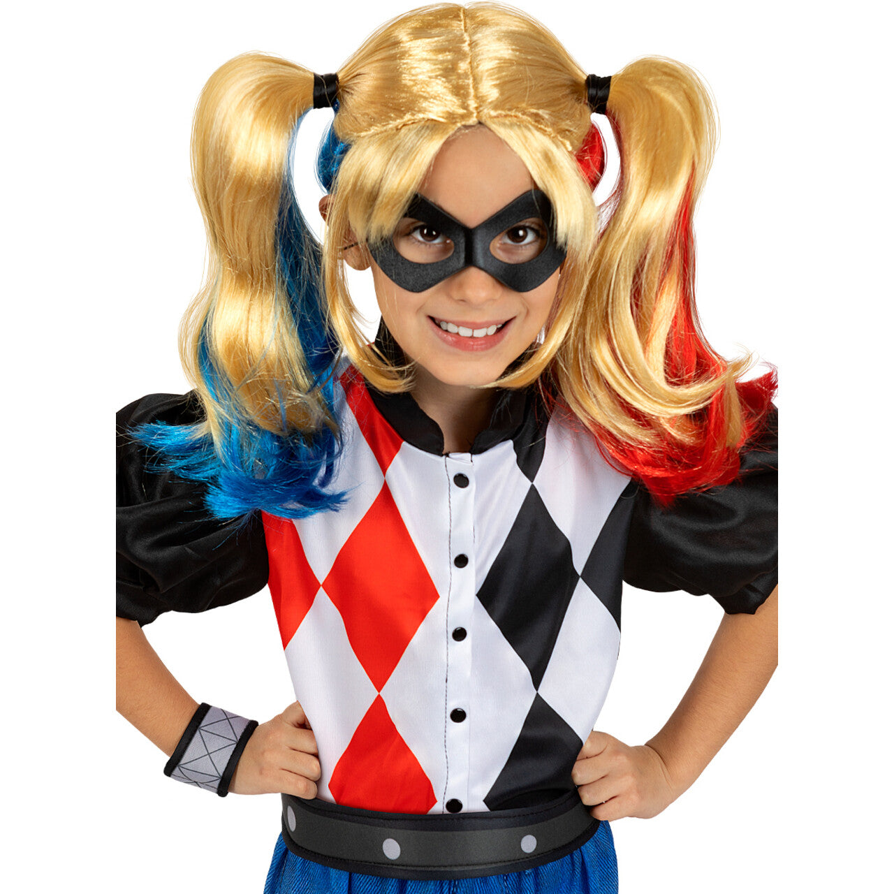 Op deze afbeelding zie je een Accessoires, van het merk Funidelia. Harley Quinn Pruik Met Staartjes Kind