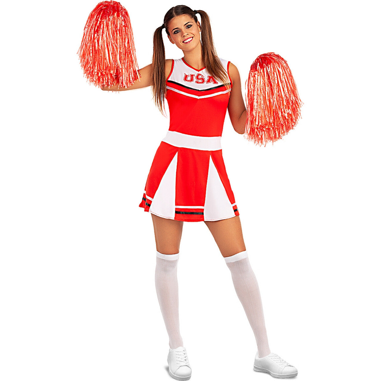 Op deze afbeelding zie je een Kostuums, van het merk Funidelia. USA Cheerteam Cheerleader Vrouw Kostuum