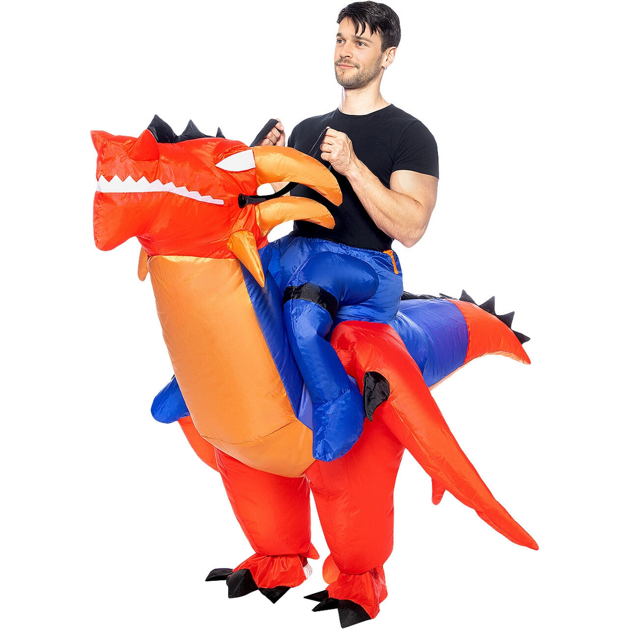 Op deze afbeelding zie je een Kostuums, van het merk Funidelia. Op De Rug Van Een Opblaasbare Draak Kostuum