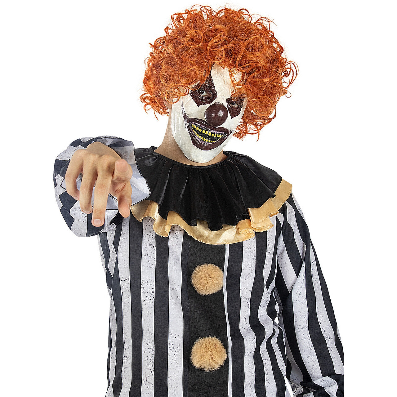 Op deze afbeelding zie je een Kostuums, van het merk Funidelia. Ready To Strike Stripe Clown Man Kostuum