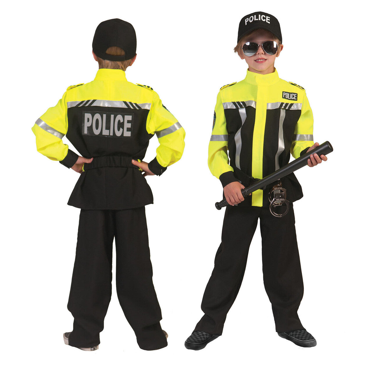 Op deze afbeelding zie je een Kostuums, van het merk Funny Fashion. Zwart En Neon Geel Politie Kind Kostuum Jongen