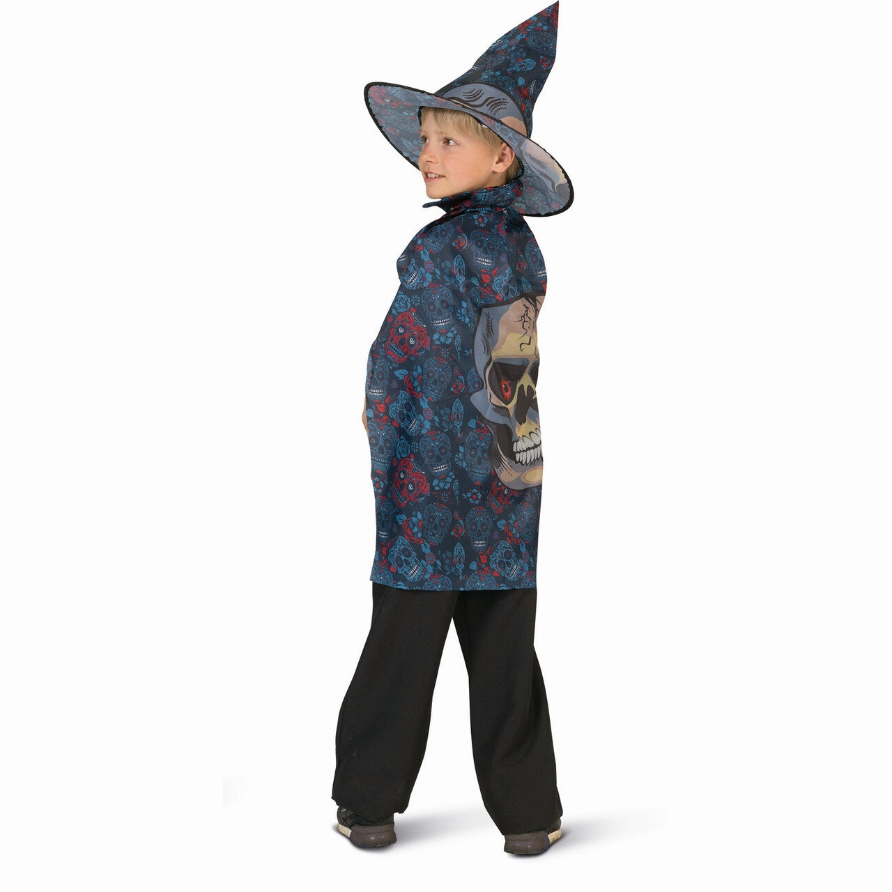 Op deze afbeelding zie je een Kostuums, van het merk Funny Fashion. Scary Skull Cape En Hoed Kind