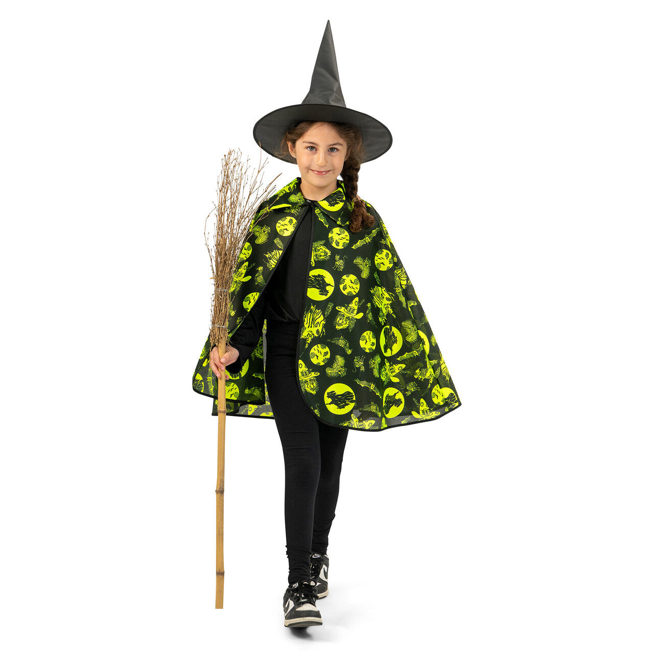 Op deze afbeelding zie je een Kostuums, van het merk Funny Fashion. Fluorescerende Heksen Cape Kind