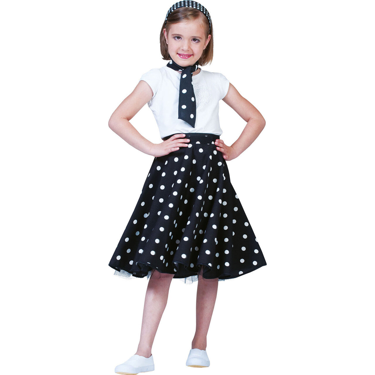 Op deze afbeelding zie je een Kostuums, van het merk Funny Fashion. Zwarte Stippen Fifties Rok Voor Meisjes