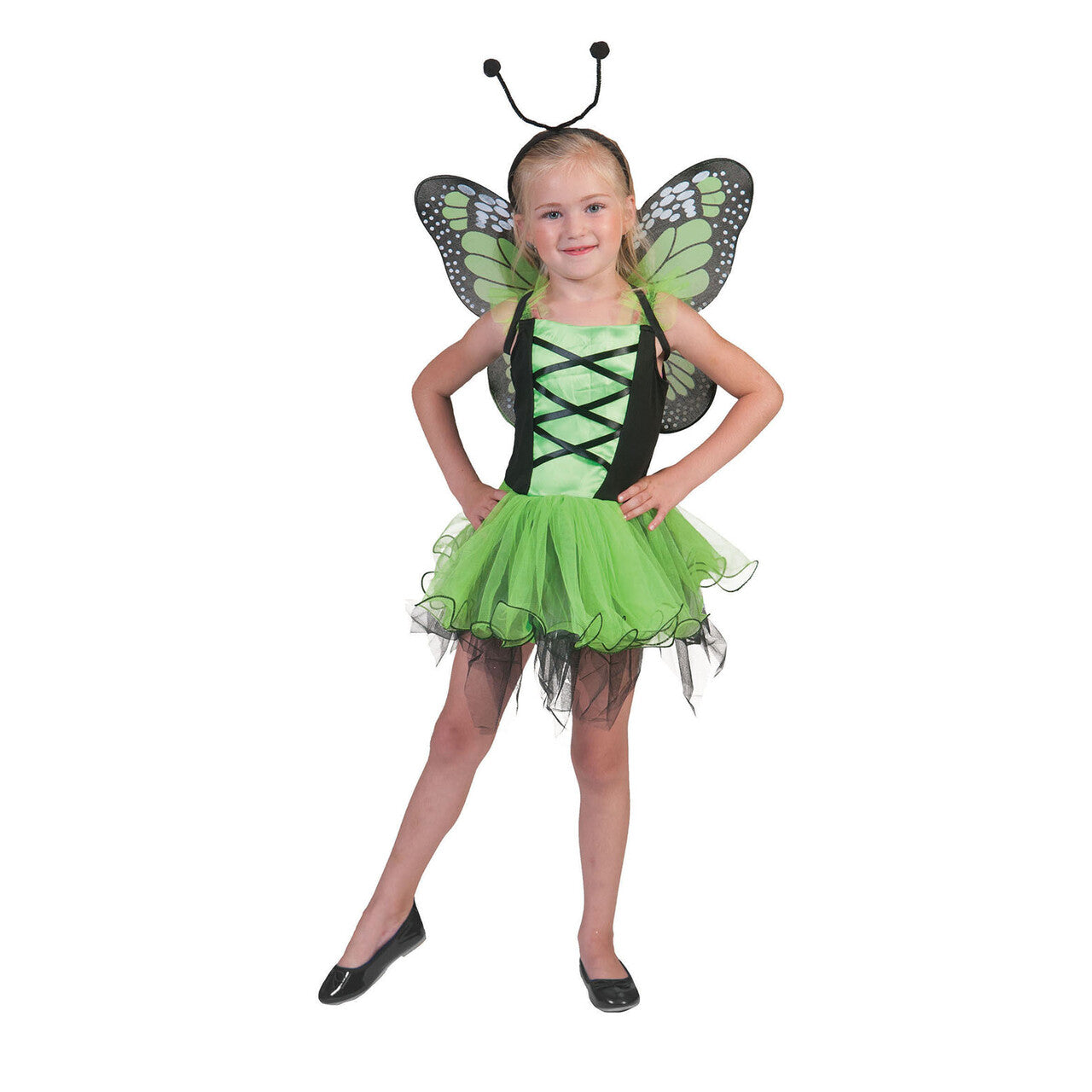 Op deze afbeelding zie je een Kostuums, van het merk Funny Fashion. Groene Vlinder Villeintje Meisje Kostuum
