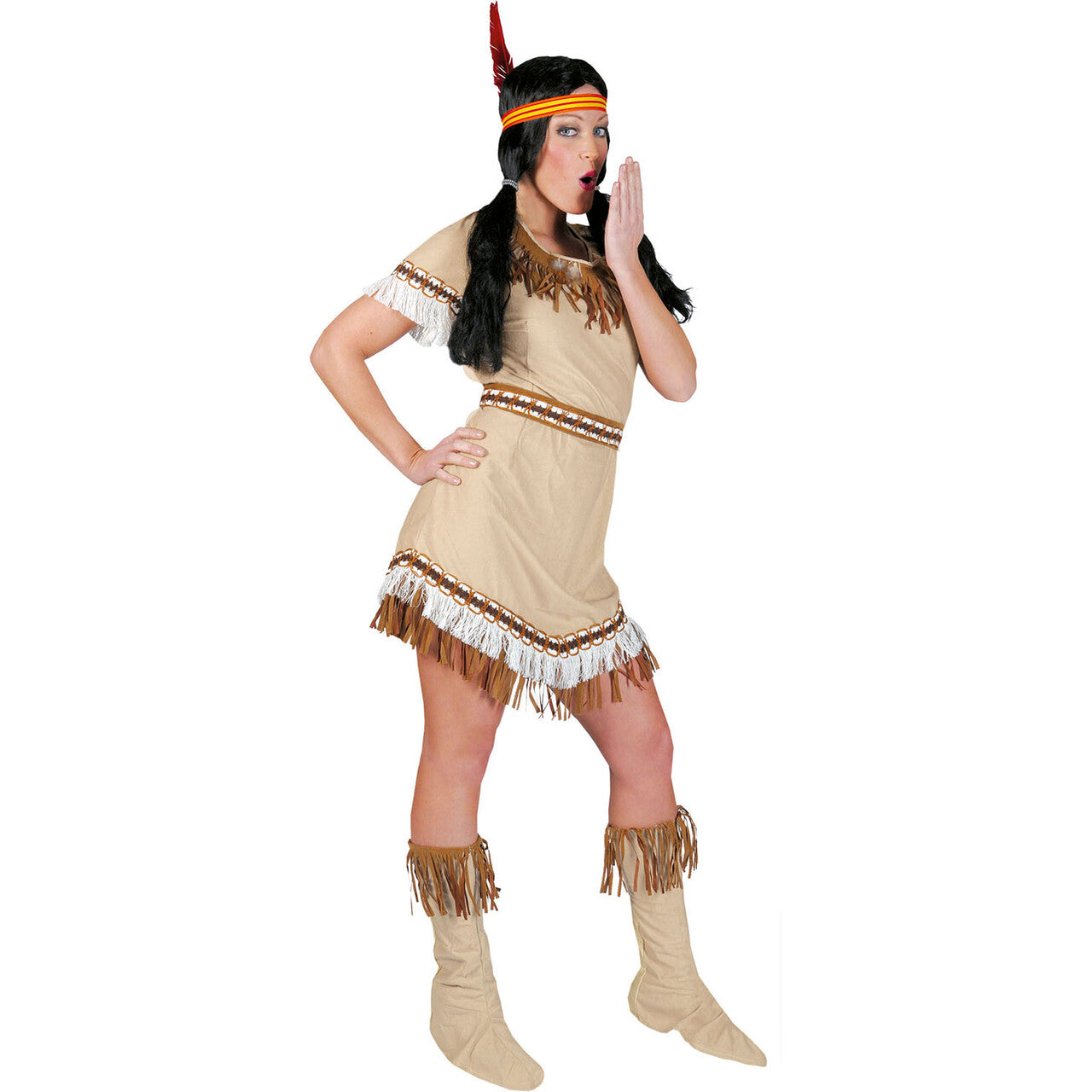 Op deze afbeelding zie je een Kostuums, van het merk Funny Fashion. Beige Korte Sexy Indiaan Jurk Sioux Sunrise Vrouw