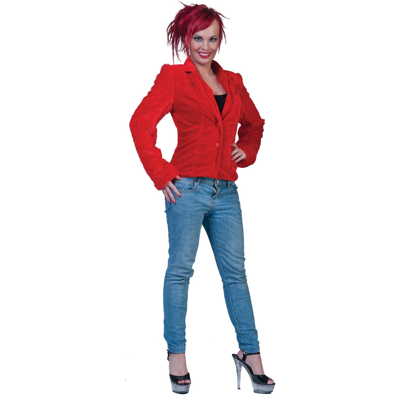 Op deze afbeelding zie je een Kostuums, van het merk Funny Fashion. Fuzzy Jasje Rood Vrouw