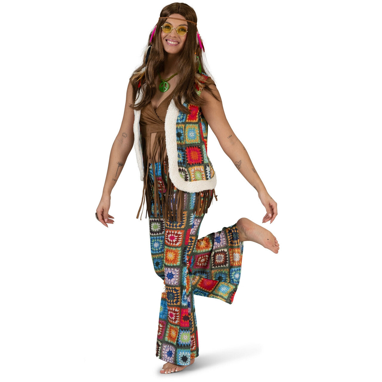 Op deze afbeelding zie je een Kostuums, van het merk Funny Fashion. Patchwork Wijde Pijpen Broek Holly Hippie Vrouw