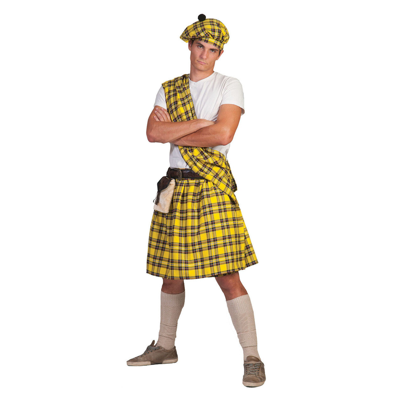 Op deze afbeelding zie je een Kostuums, van het merk Funny Fashion. Gele Schotse Highlander Tartan Man Kostuum