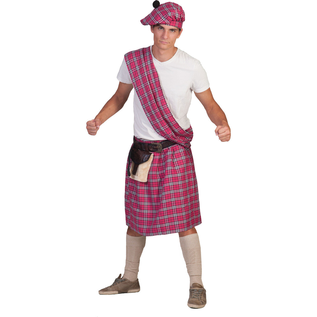 Op deze afbeelding zie je een Kostuums, van het merk Funny Fashion. Roze Schotse Highlander Tartan Man Kostuum