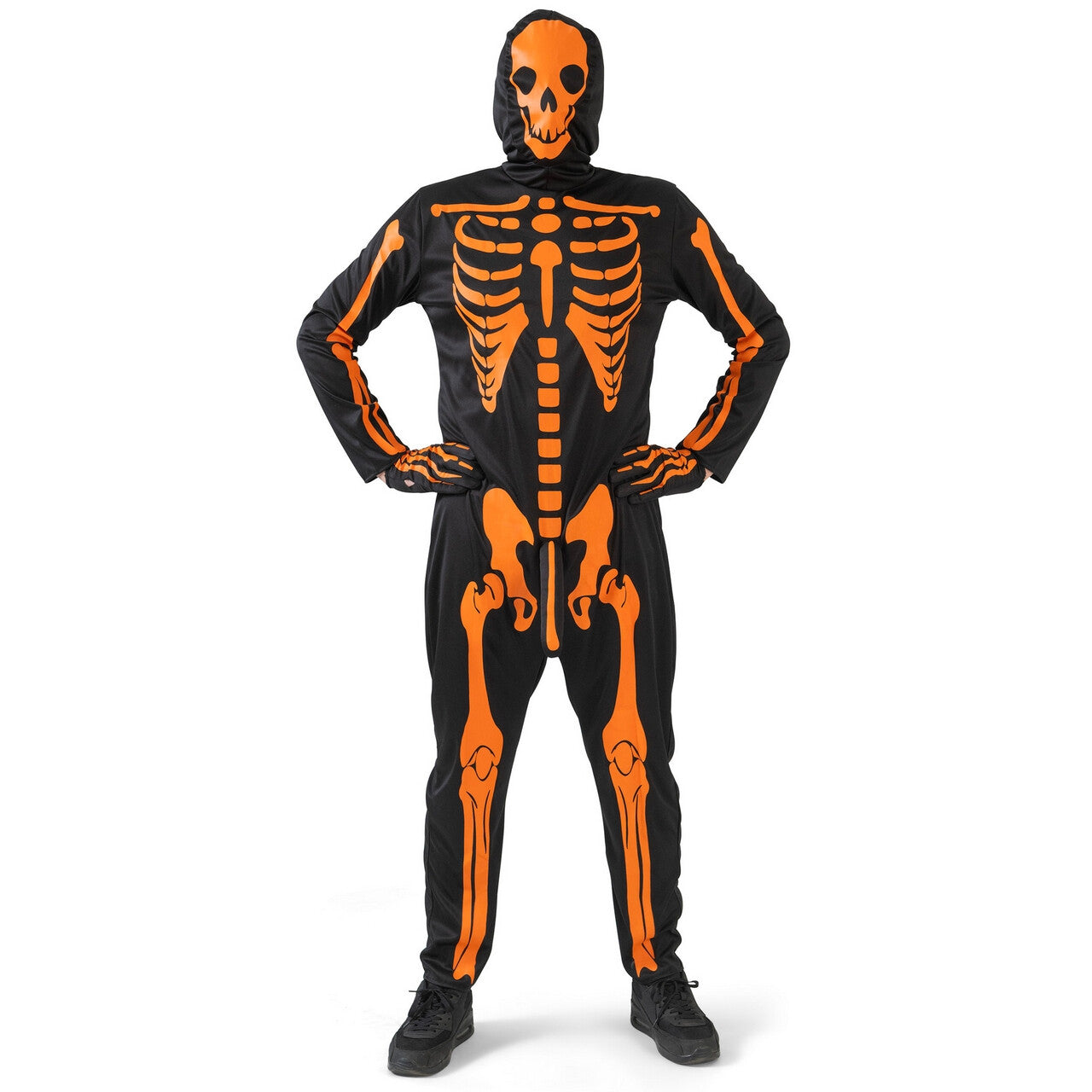 Op deze afbeelding zie je een Kostuums, van het merk Funny Fashion. Mr Boner Skeleton Oranje Man Kostuum