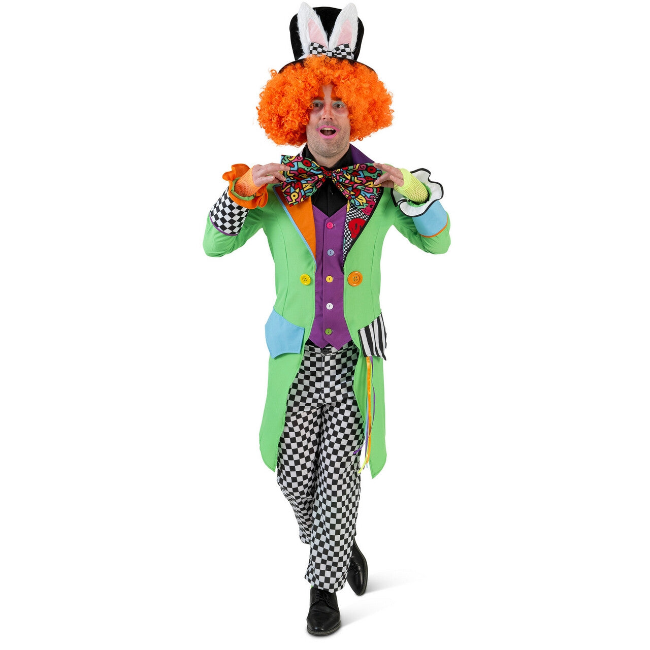 Op deze afbeelding zie je een Kostuums, van het merk Funny Fashion. Kleurige Mad Hatter Clown Jas Met Strik Man Kostuum