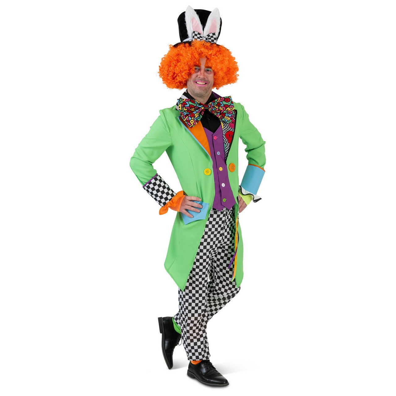 Op deze afbeelding zie je een Kostuums, van het merk Funny Fashion. Kleurige Mad Hatter Clown Jas Met Strik Man Kostuum
