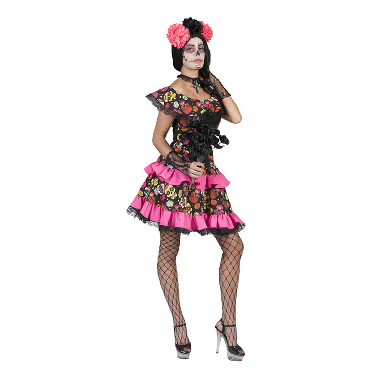 Op deze afbeelding zie je een Kostuums, van het merk Funny Fashion. Zwart Roze Day Of The Dead Muerto Miranda Vrouw Kostuum