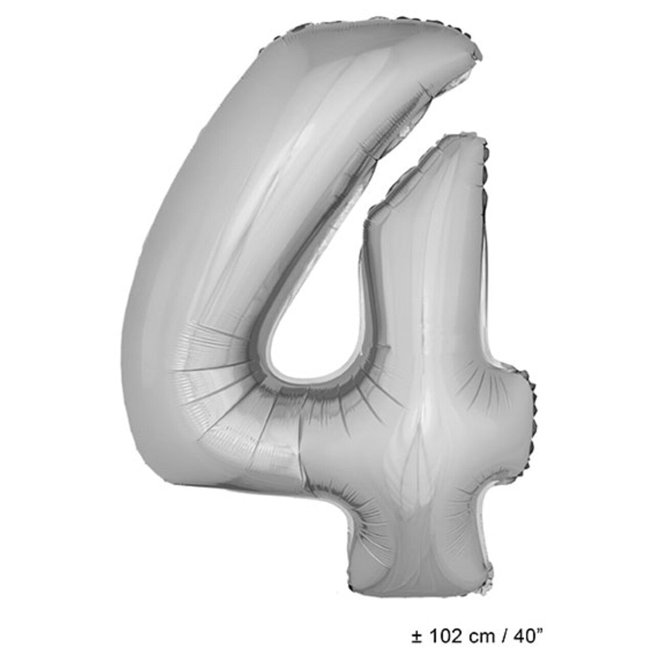 Op deze afbeelding zie je een Decoratie, van het merk Funny Fashion. Folie Cijfer Ballon Nummer 4 Zilver XL 102cm (Leeg)