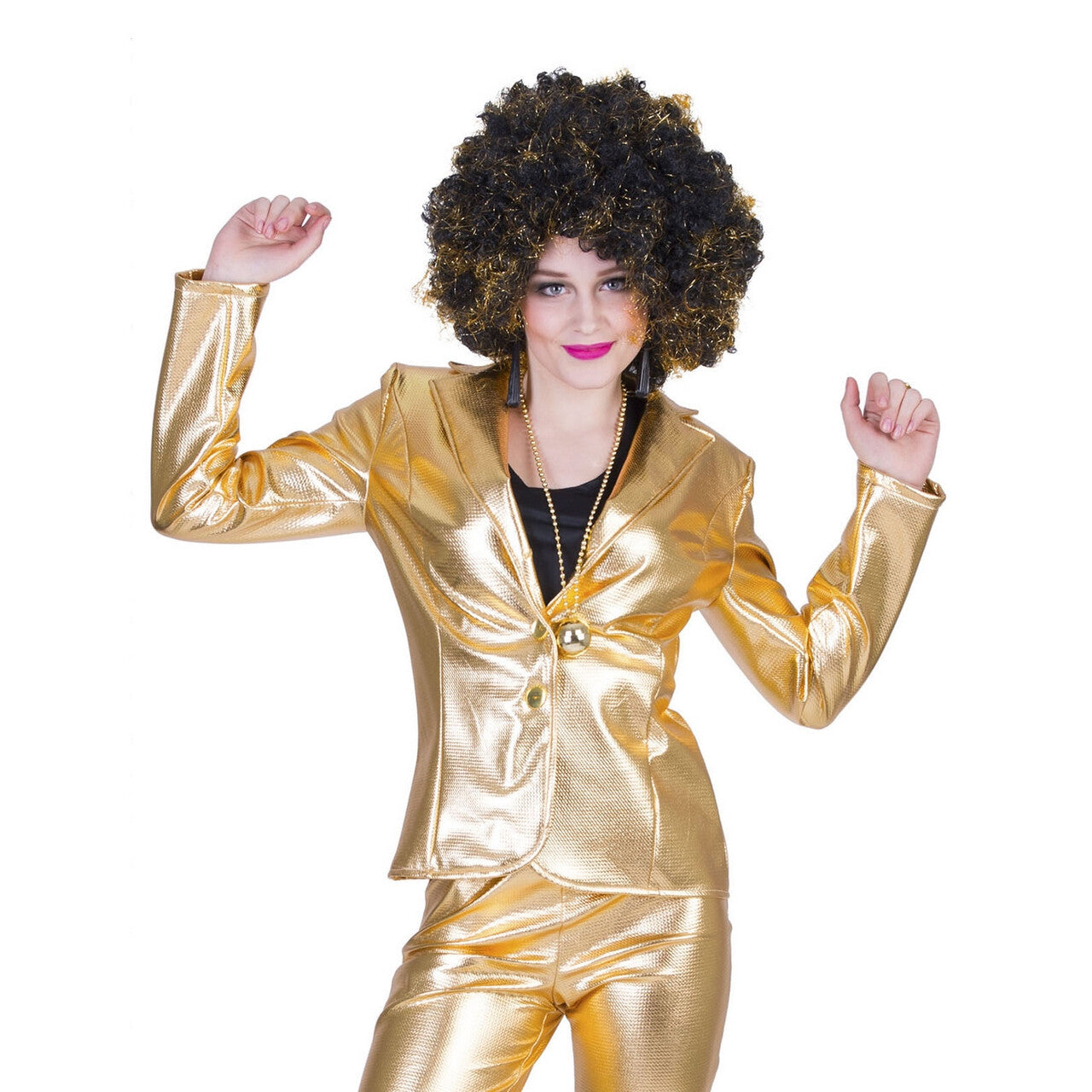 Op deze afbeelding zie je een Kostuums, van het merk Funny Fashion. Disco Fever Jack Glinsterend Goud Vrouw