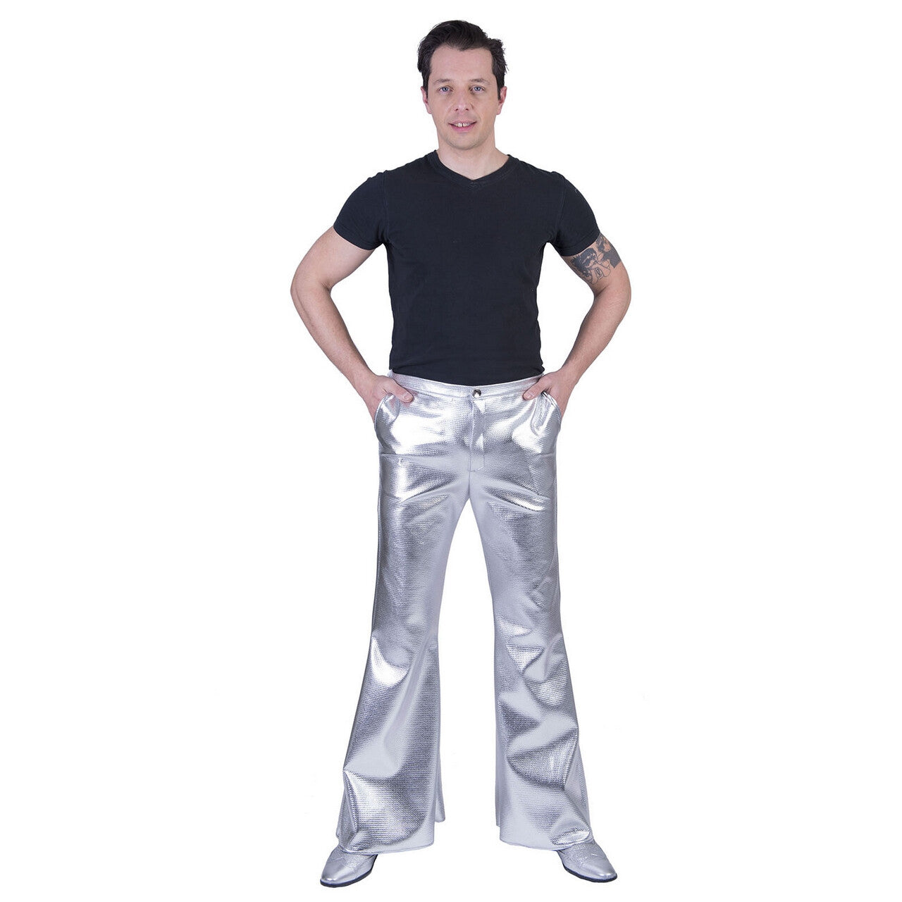 Op deze afbeelding zie je een Kostuums, van het merk Funny Fashion. Glanzend Zilveren Disco Godheid Broek Man