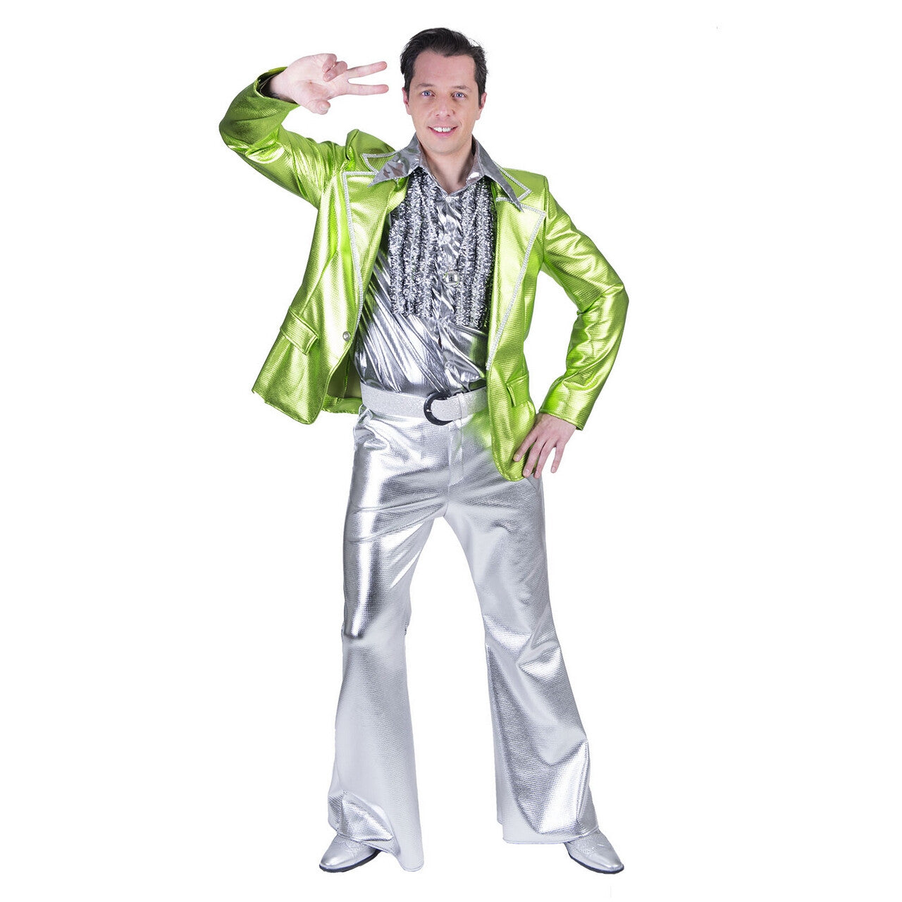 Op deze afbeelding zie je een Kostuums, van het merk Funny Fashion. Glanzend Zilveren Disco Godheid Broek Man