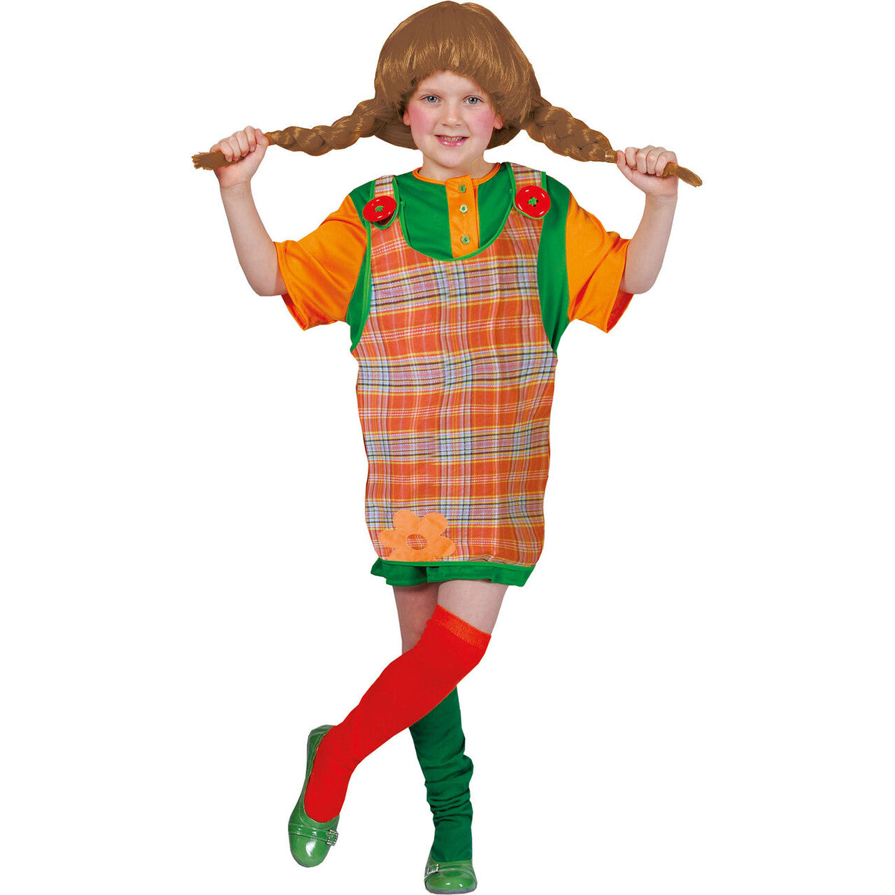 Op deze afbeelding zie je een Kostuums, van het merk Funny Fashion. Ondeugende Pippi Overgooier Meisje Kostuum