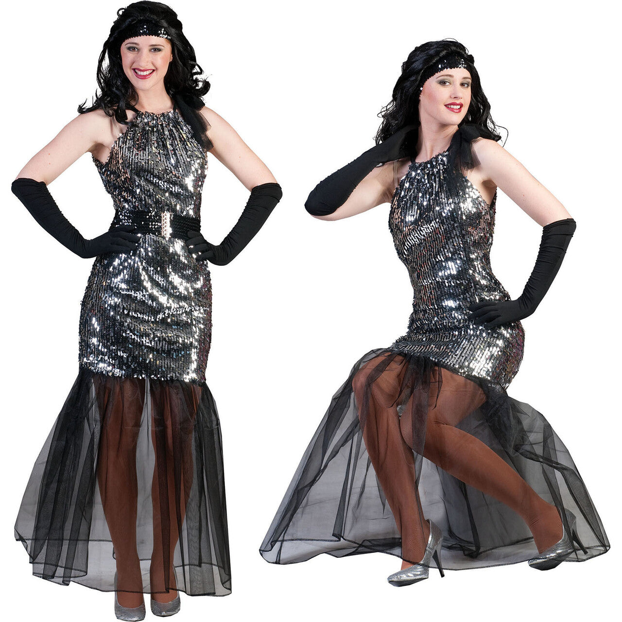 Op deze afbeelding zie je een Kostuums, van het merk Funny Fashion. Zilveren Theater Diva Vrouw Kostuum