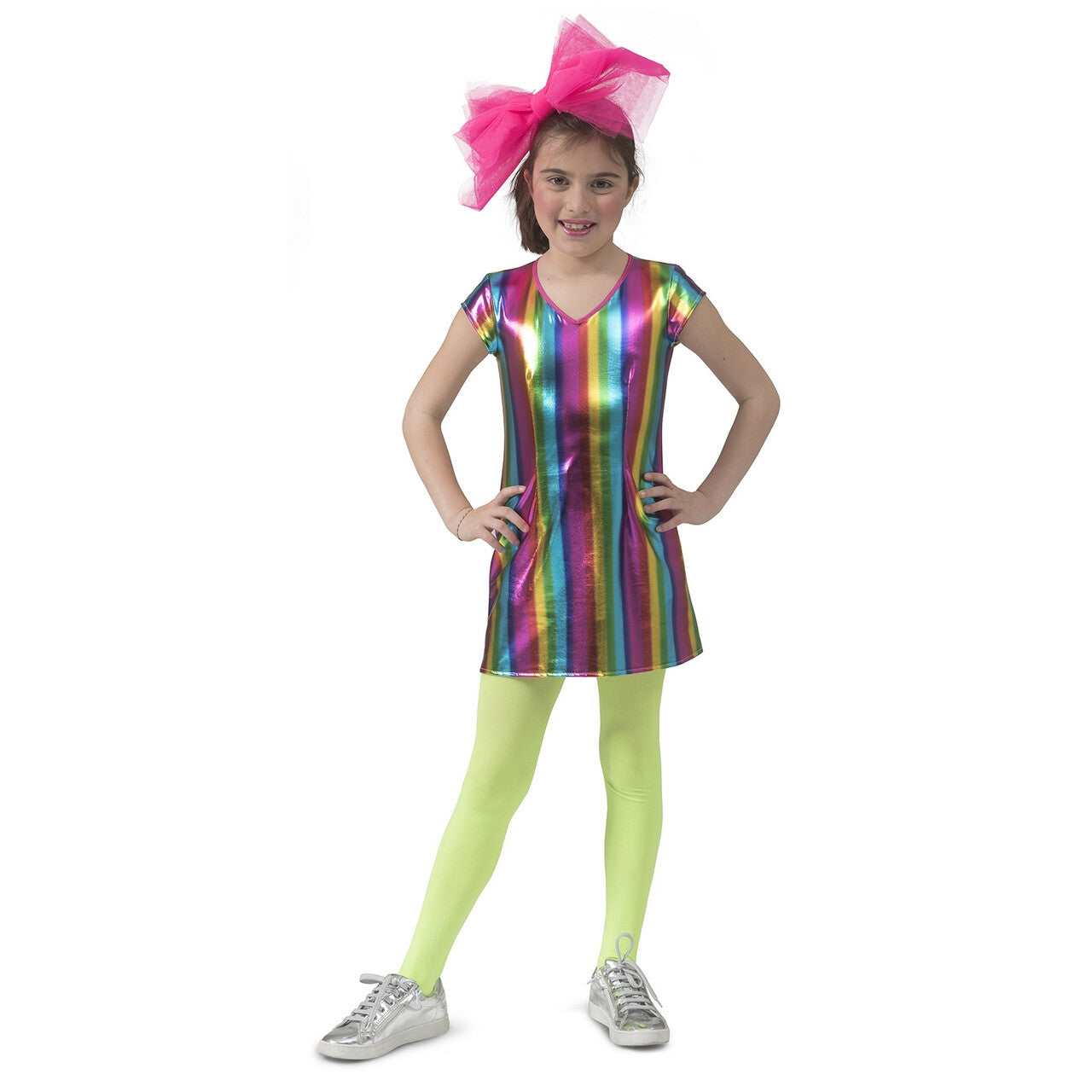 Op deze afbeelding zie je een Kostuums, van het merk Funny Fashion. Metallic Glanzende Regenboog Jaren 80 Meisje Kostuum