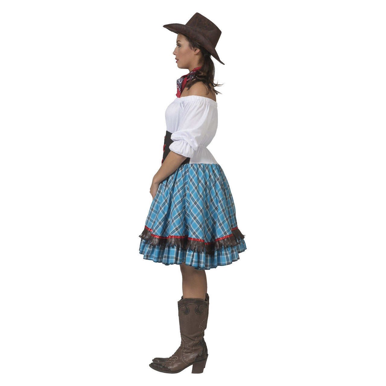Op deze afbeelding zie je een Kostuums, van het merk Funny Fashion. Sexy Sue Short Saloon Cowgirl Vrouw Kostuum