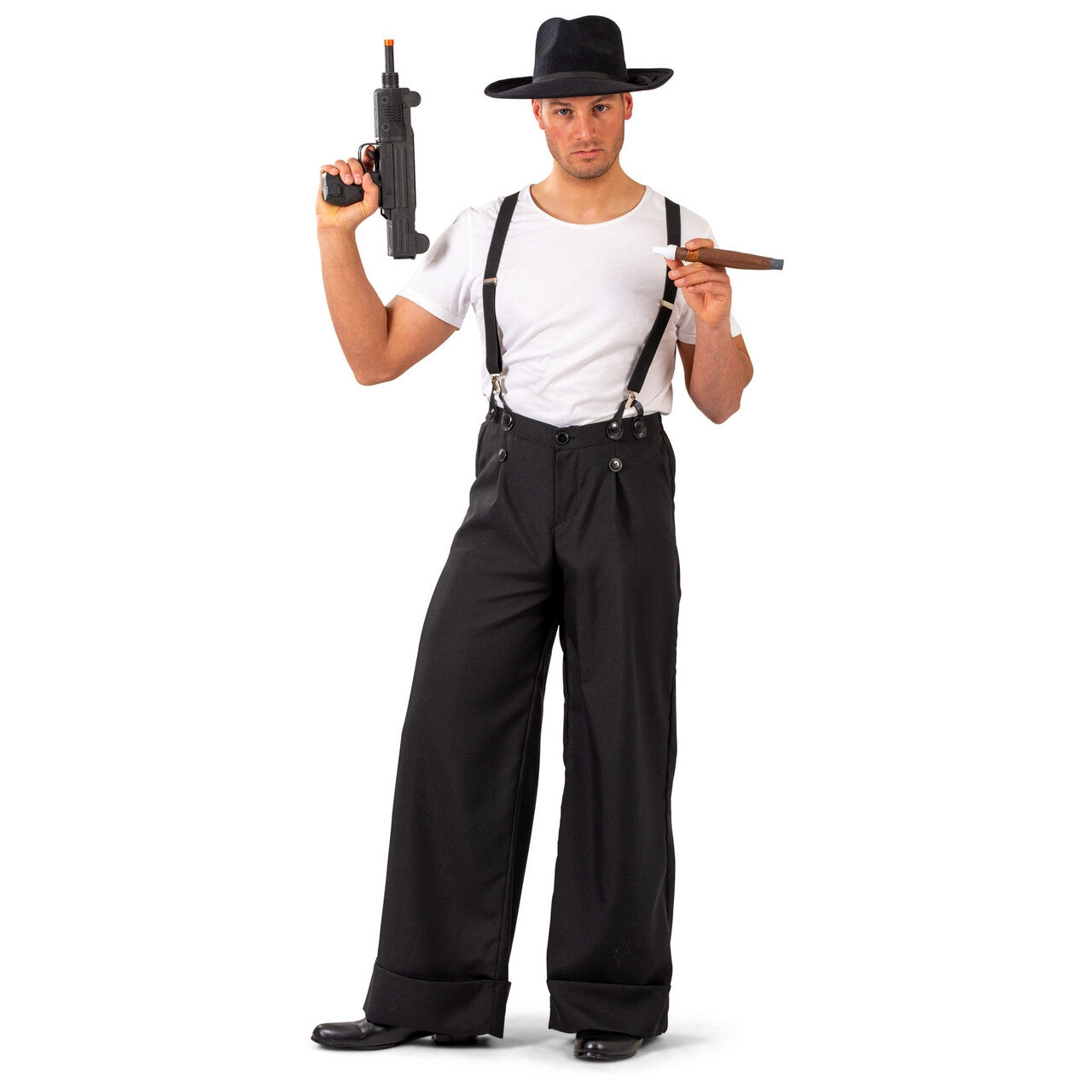 Op deze afbeelding zie je een Kostuums, van het merk Funny Fashion. Wijde Zwarte Broek Maffioso Man