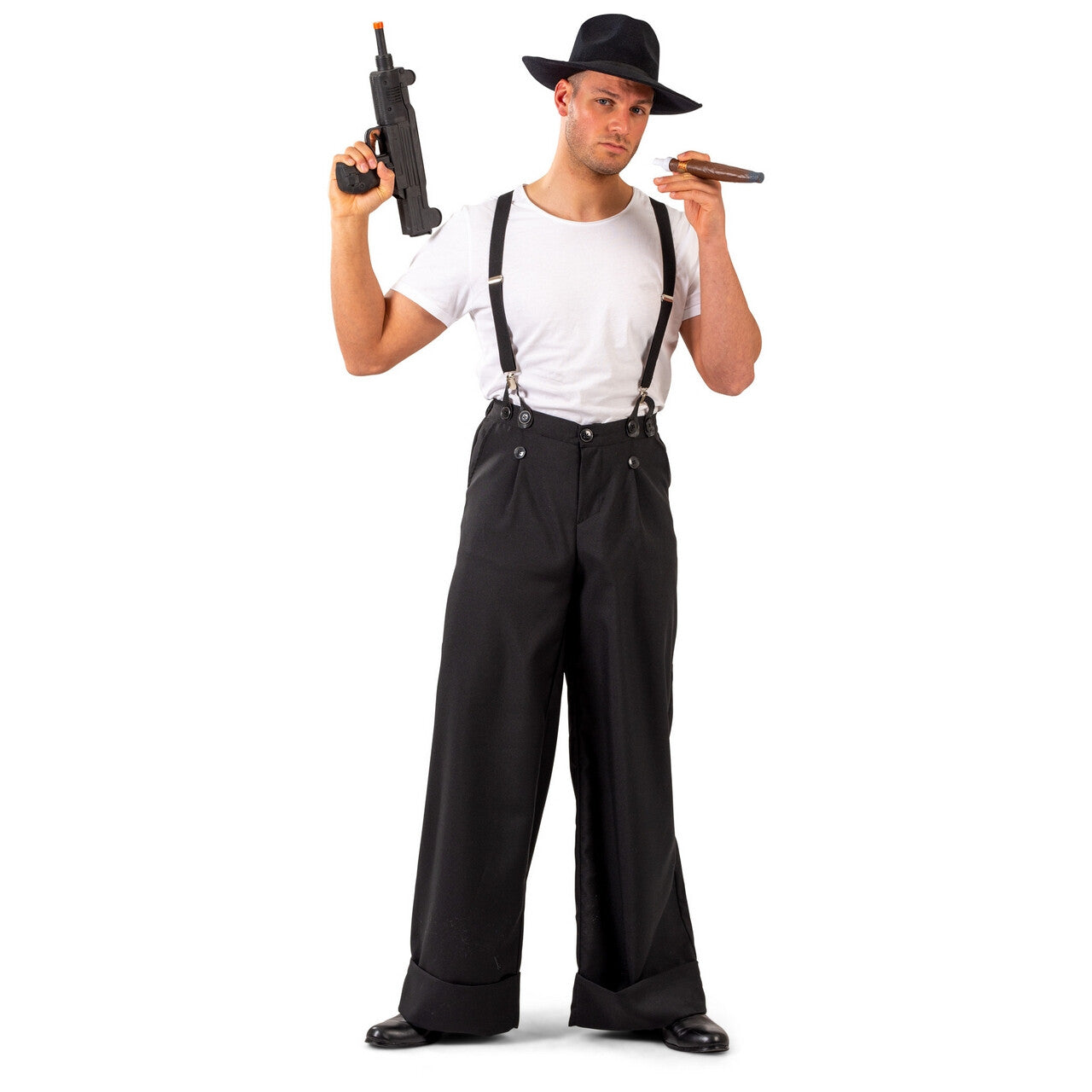 Op deze afbeelding zie je een Kostuums, van het merk Funny Fashion. Wijde Zwarte Broek Maffioso Man