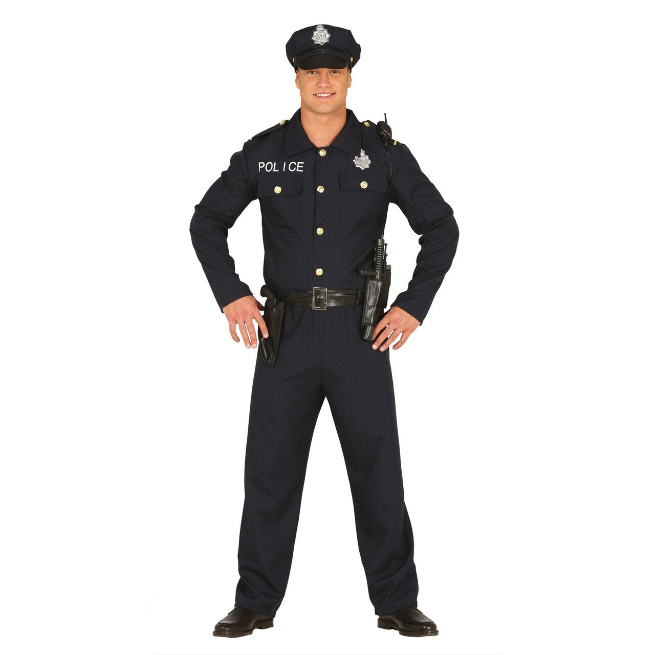 Op deze afbeelding zie je een Kostuums, van het merk Guirca. Pientere Politie Agent Zwart Man Kostuum