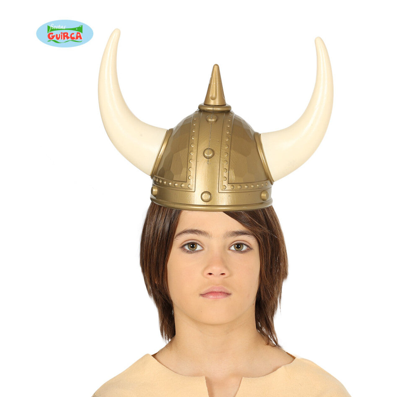 Op deze afbeelding zie je een Accessoires, van het merk Guirca. Viking Helm Ossen Hoorns Goud
