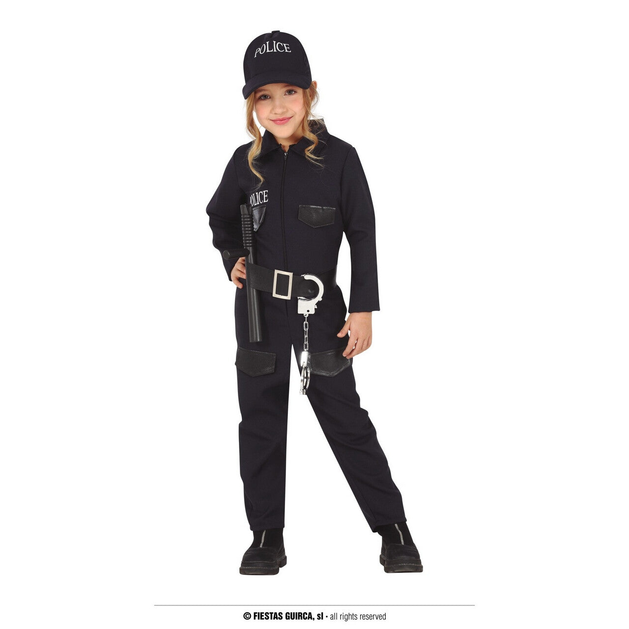 Op deze afbeelding zie je een Kostuums, van het merk Guirca. Donkerblauwe Politie Arrestatie Team Kind Kostuum
