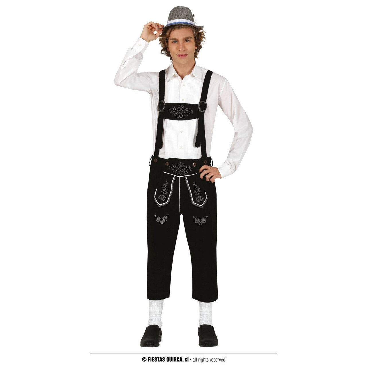 Op deze afbeelding zie je een Kostuums, van het merk Guirca. Zwarte Lederhosen Drinken In Stijl Man