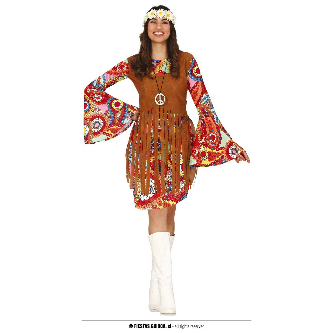 Op deze afbeelding zie je een Kostuums, van het merk Guirca. Seventies Festival Hippie Vrouw Kostuum
