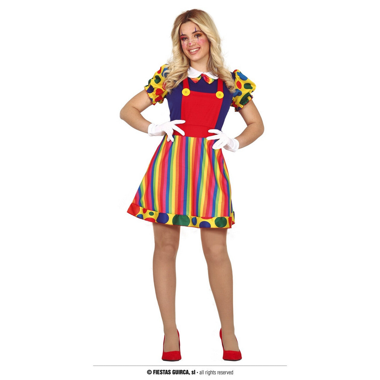 Op deze afbeelding zie je een Kostuums, van het merk Guirca. Altijd Lachen Gekleurde Gestreepte Clown Vrouw Kostuum