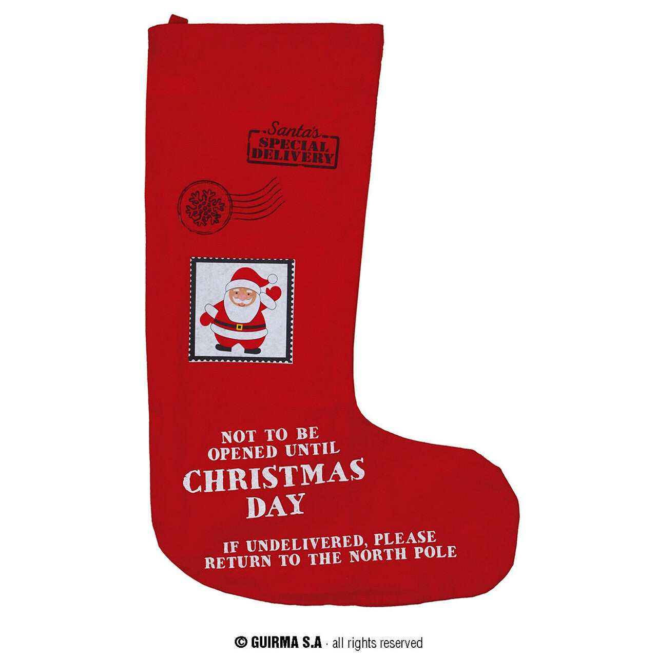 Op deze afbeelding zie je een Decoratie, van het merk Guirma. Xmas Schoorsteen Sok Special Delivery Rood