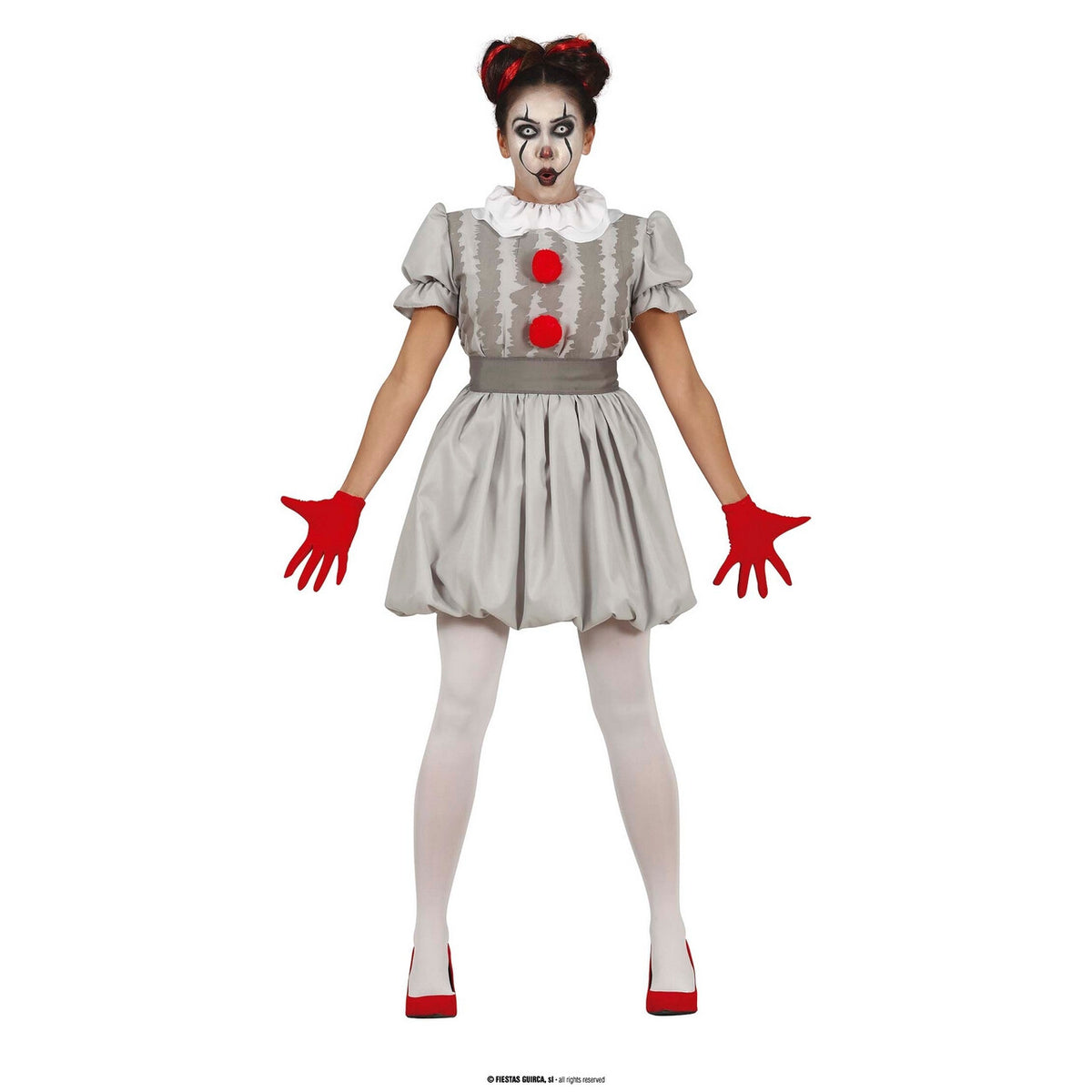 Op deze afbeelding zie je een Kostuums, van het merk Guirca. Niet Zo Vrolijke Grijze Scary Clown Vrouw Kostuum