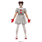 Op deze afbeelding zie je een Kostuums, van het merk Guirca. Niet Zo Vrolijke Grijze Scary Clown Vrouw Kostuum