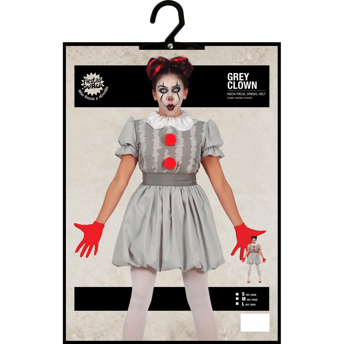 Op deze afbeelding zie je een Kostuums, van het merk Guirca. Niet Zo Vrolijke Grijze Scary Clown Vrouw Kostuum
