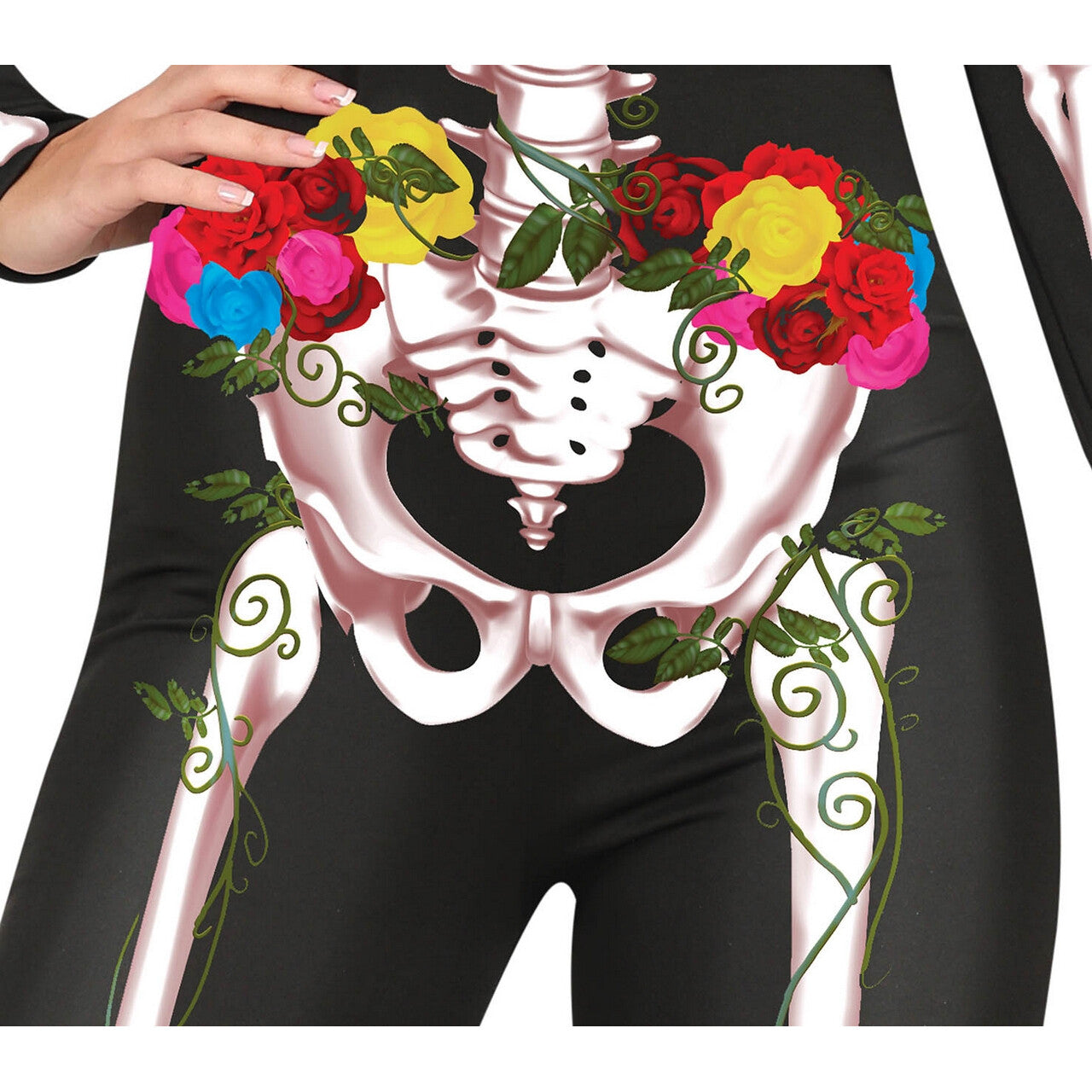 Op deze afbeelding zie je een Kostuums, van het merk Guirca. Kleurrijke Bloemen Skelet Vrouw Kostuum