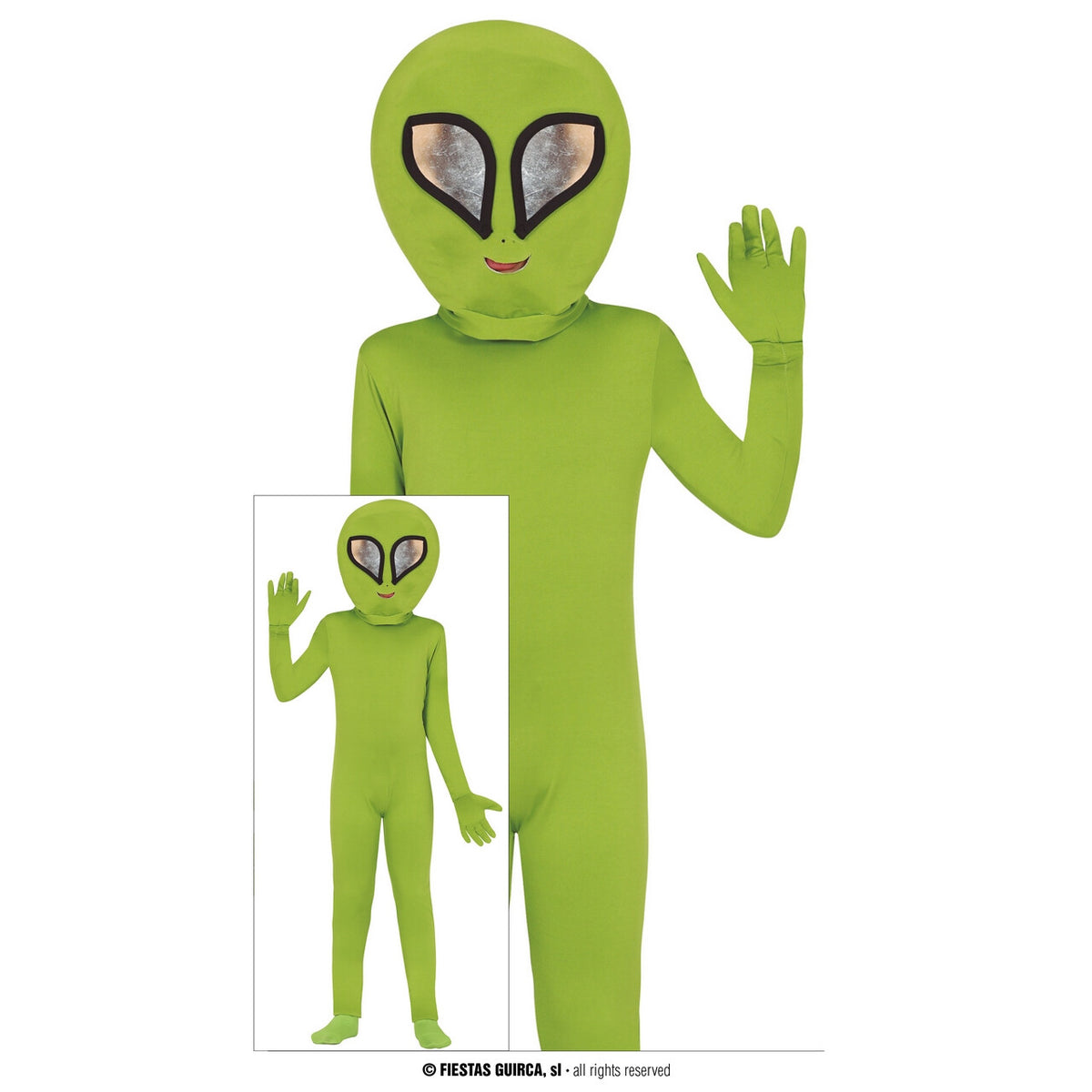 Op deze afbeelding zie je een Kostuums, van het merk Guirca. Groen Marsmannetje Kind Kostuum