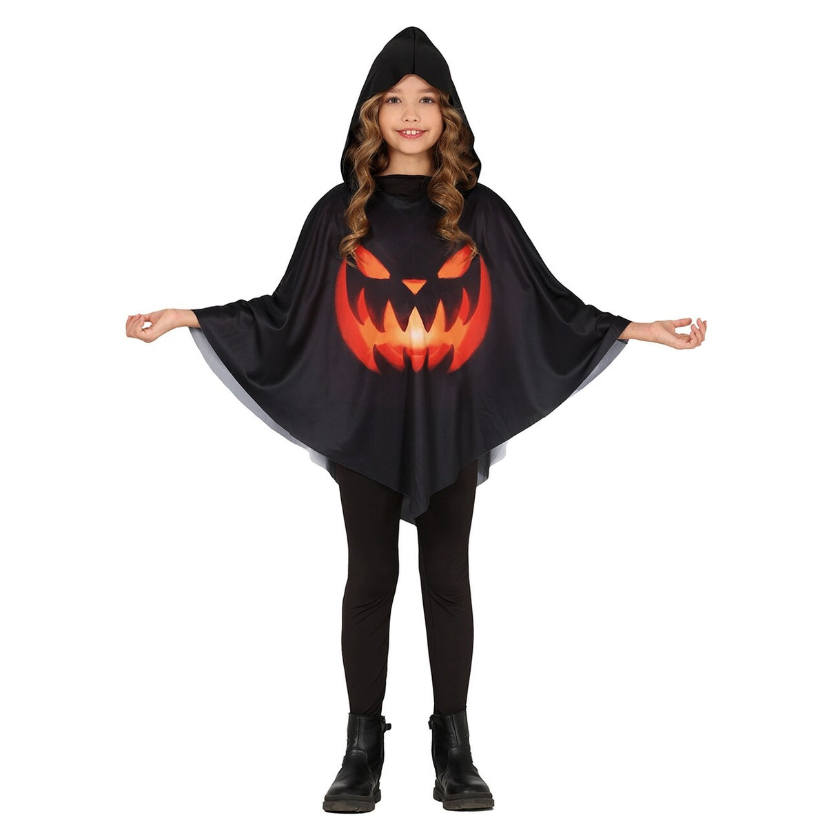 Op deze afbeelding zie je een Kostuums, van het merk Guirca. Dreigende Pompoen Poncho Kind Kostuum