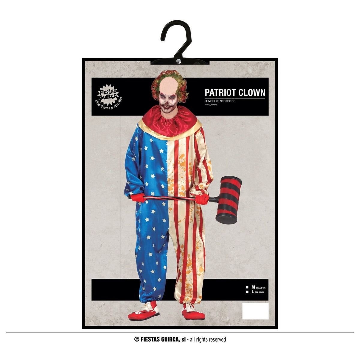 Op deze afbeelding zie je een Kostuums, van het merk Guirca. Patriot Clown Loves Blood Man Kostuum
