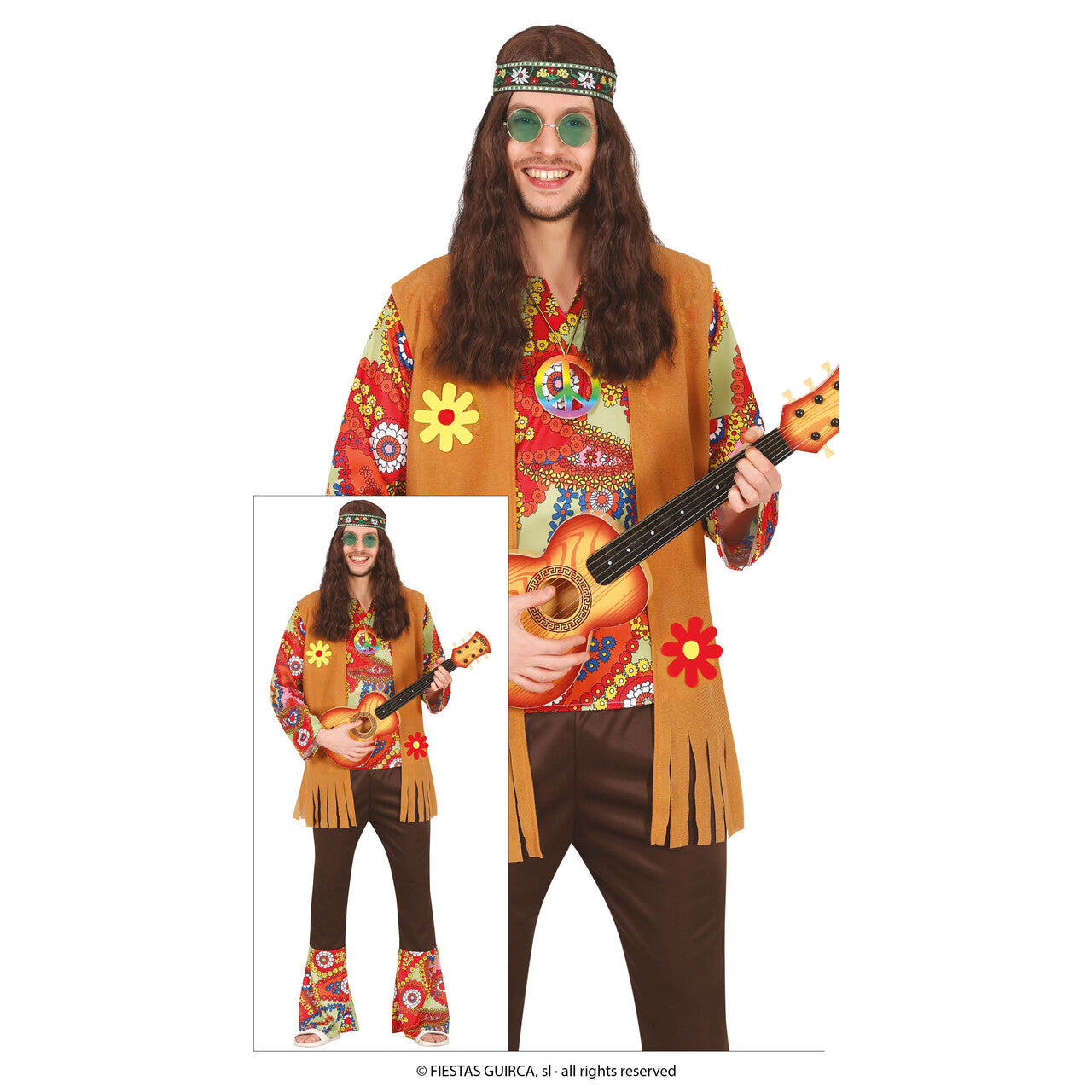 Op deze afbeelding zie je een Kostuums, van het merk Guirca. Vredestichter Jaren 70 Hippie Man Kostuum