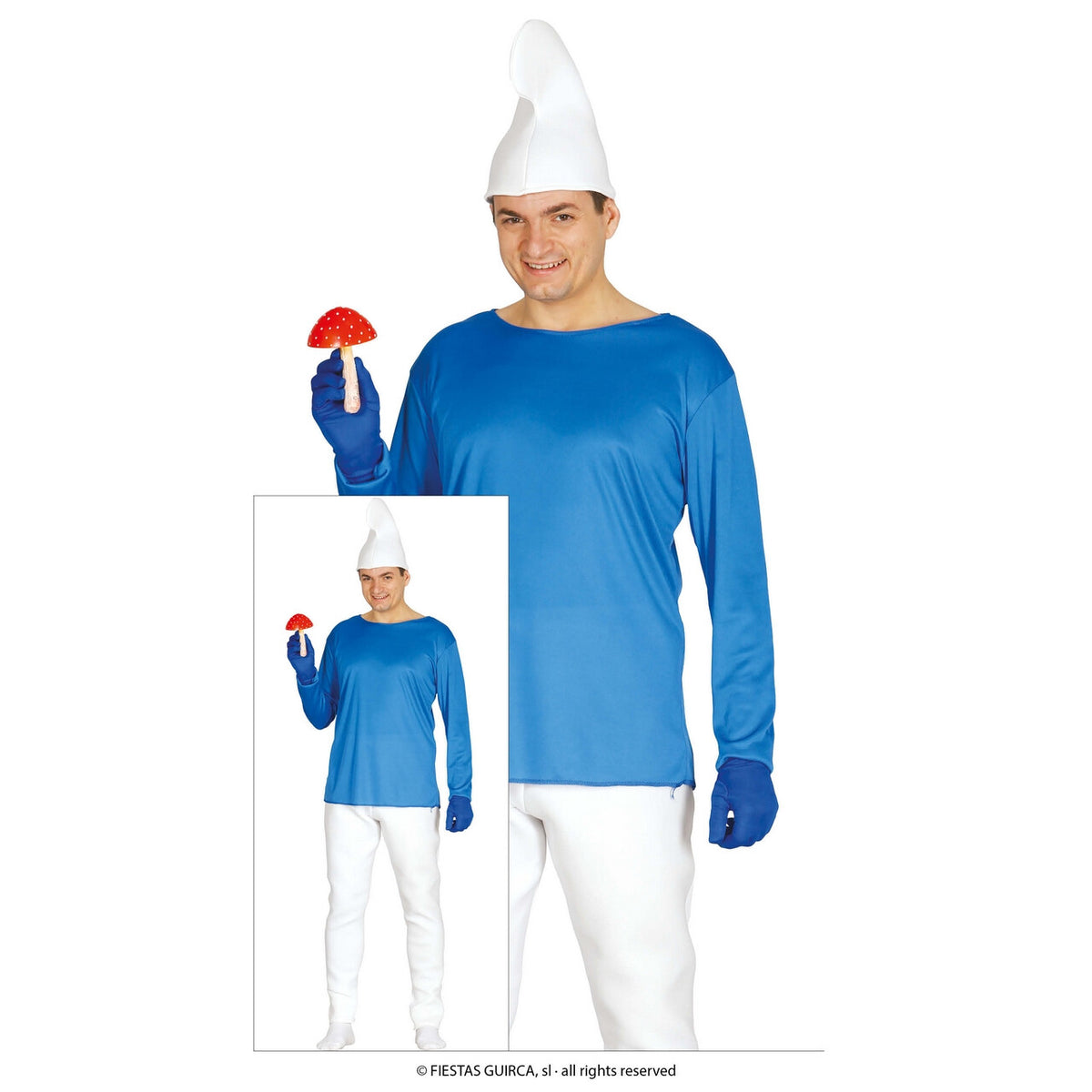 Op deze afbeelding zie je een Kostuums, van het merk Guirca. Blauwe Bos Smurf Man Kostuum